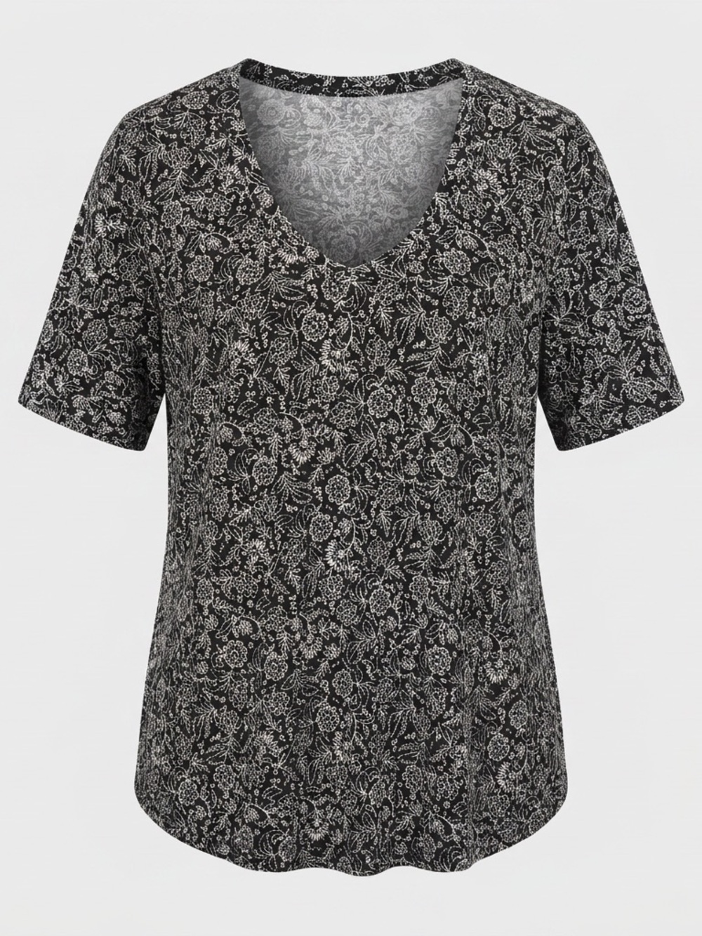 Black Tape Black & White Floral V-Neck Short Sleeve Top - Size L